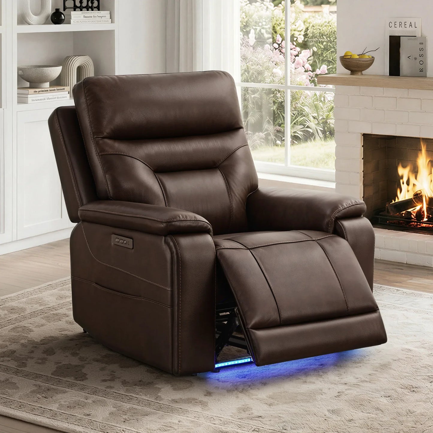 Leather Lay-Flat Power Recliner with LED Lighting