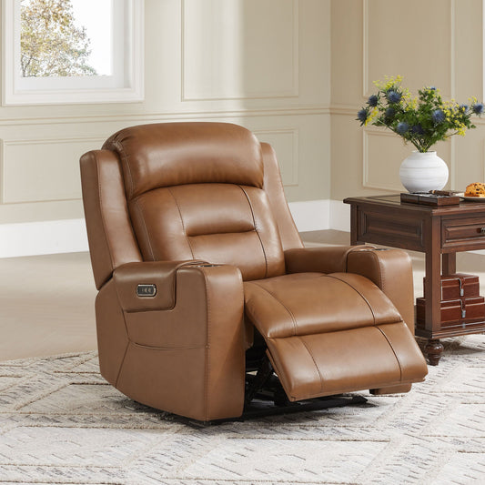 Leather Power Recliner with Lay Flat Design and Headrest