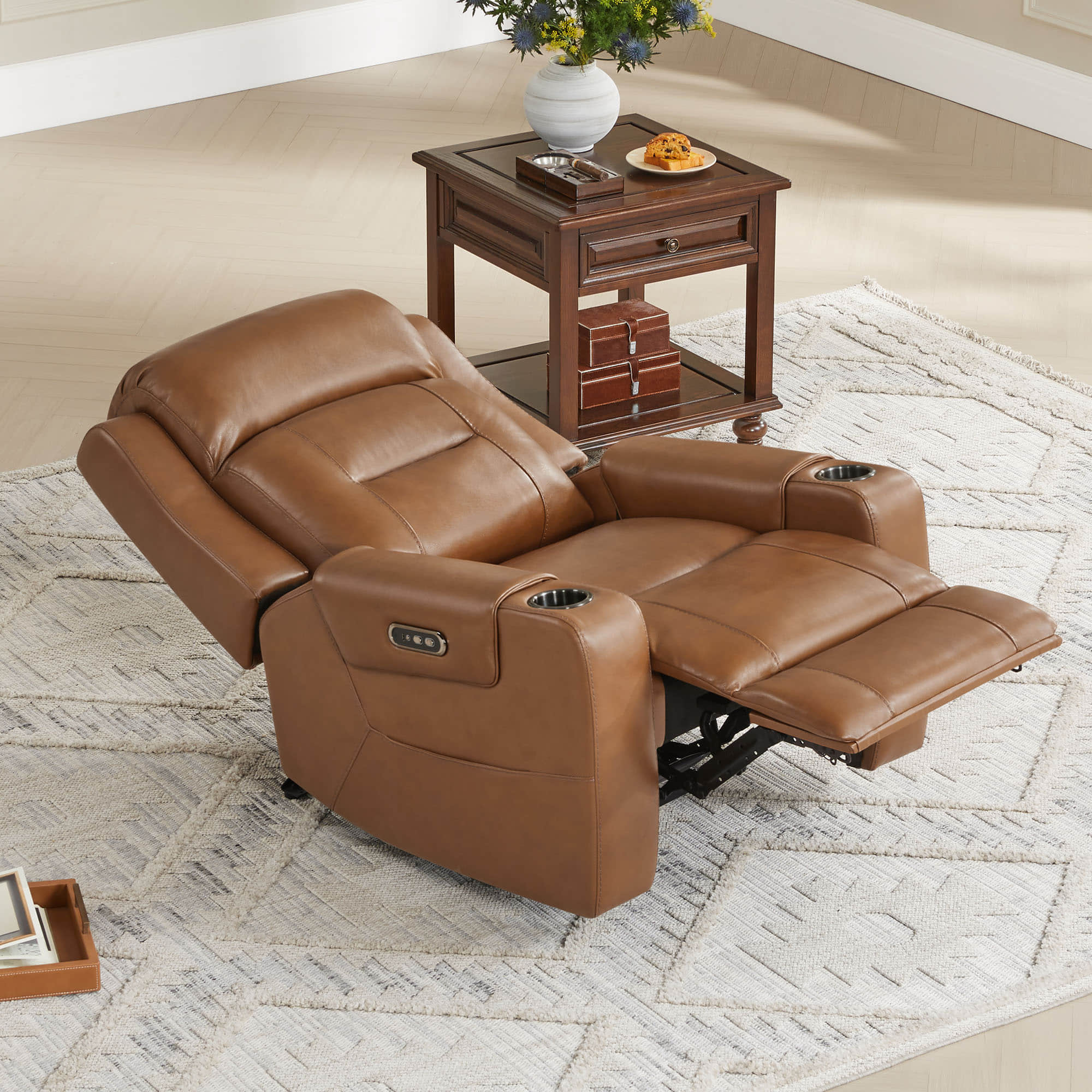 Leather Power Recliner with Lay Flat Design and Headrest