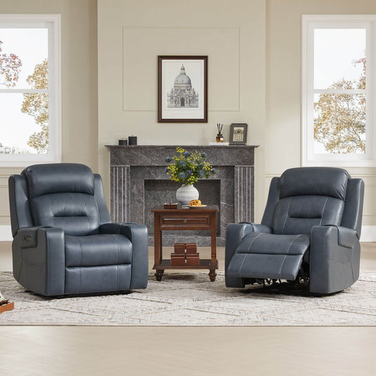 Leather Power Recliner with Lay Flat Design and Headrest