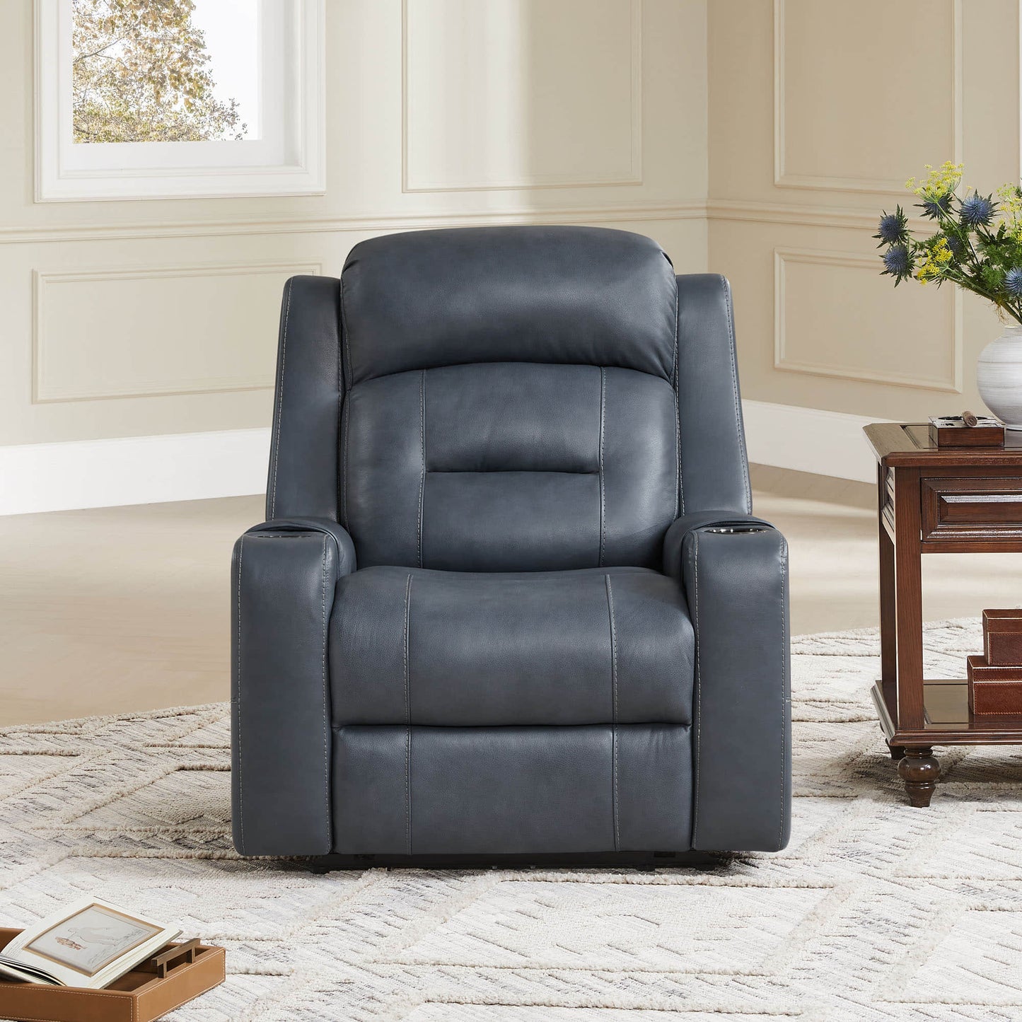 Leather Power Recliner with Lay Flat Design and Headrest
