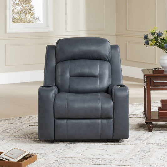 Leather Power Recliner with Lay Flat Design and Headrest