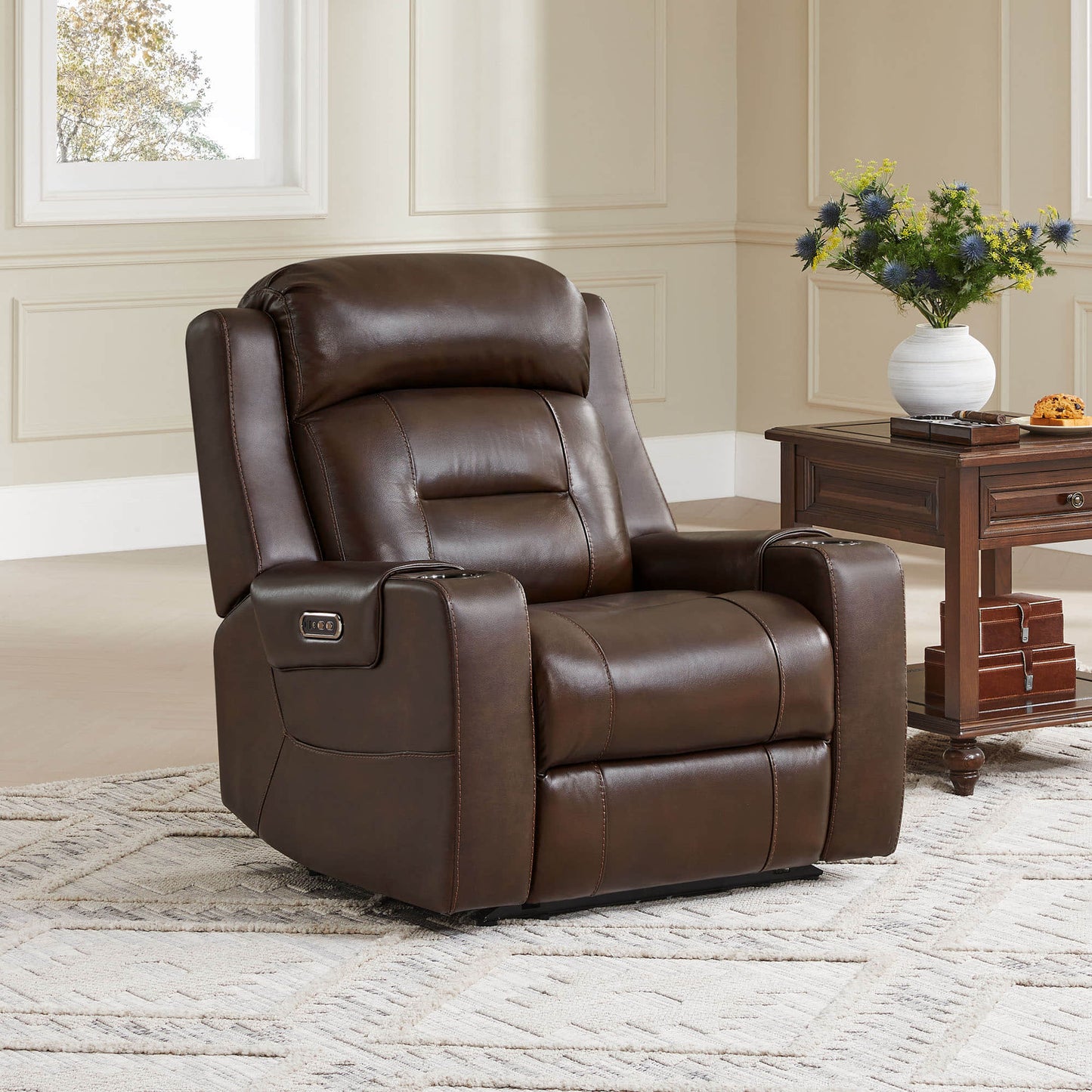 Leather Power Recliner with Lay Flat Design and Headrest