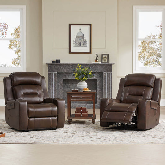 Leather Power Recliner with Lay Flat Design and Headrest