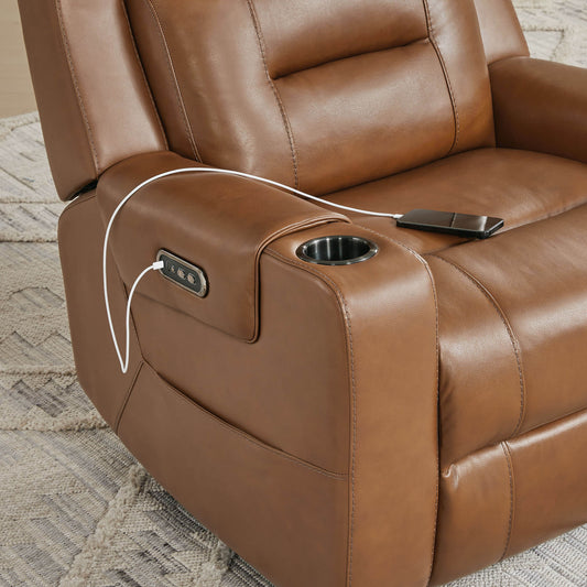 Leather Power Recliner with Lay Flat Design and Headrest