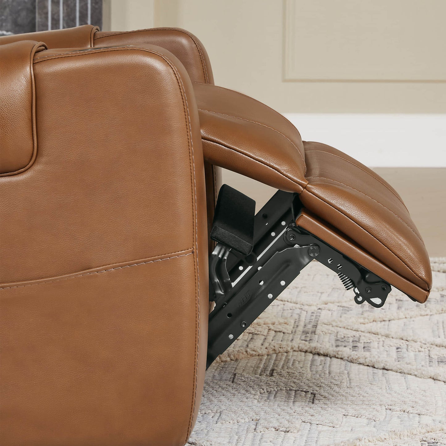 Leather Power Recliner with Lay Flat Design and Headrest