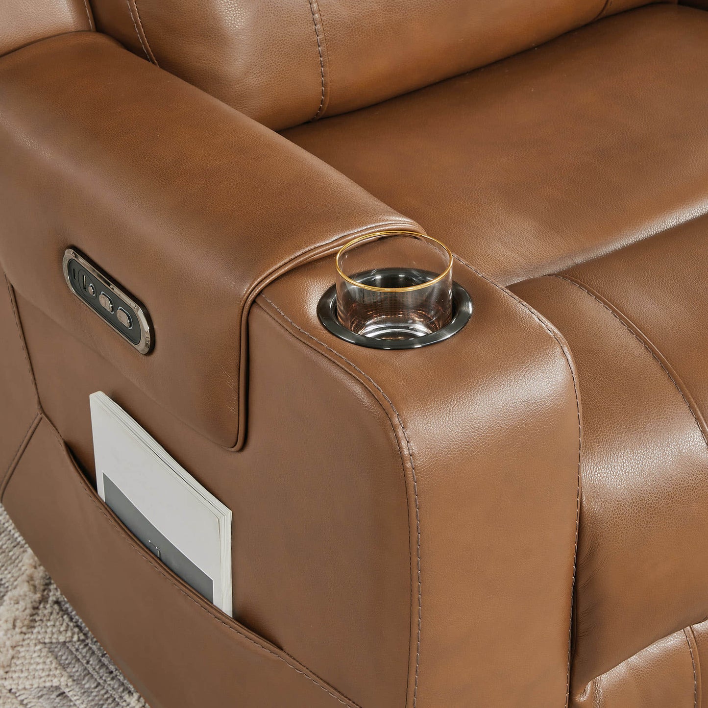 Leather Power Recliner with Lay Flat Design and Headrest