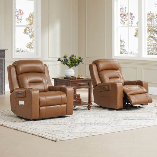 Leather Power Recliner with Lay Flat Design and Headrest