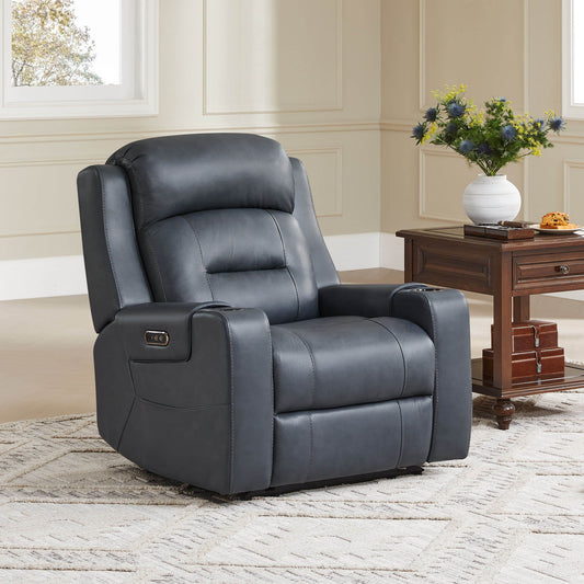 Leather Power Recliner with Lay Flat Design and Headrest