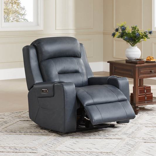 Leather Power Recliner with Lay Flat Design and Headrest