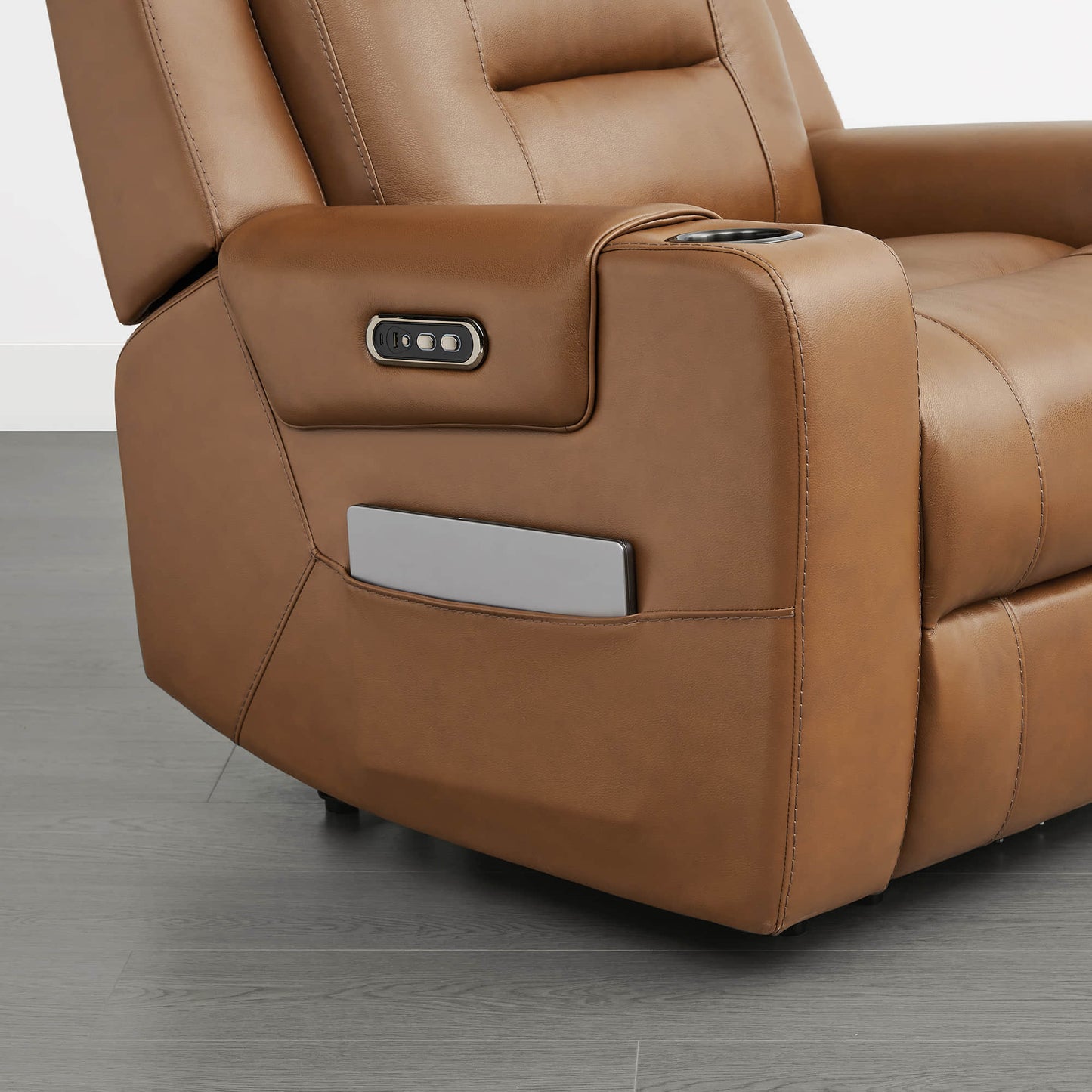 Leather Power Recliner with Lay Flat Design and Headrest