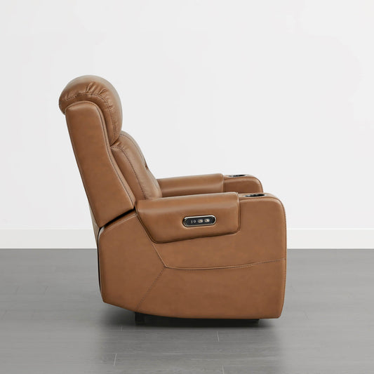 Leather Power Recliner with Lay Flat Design and Headrest