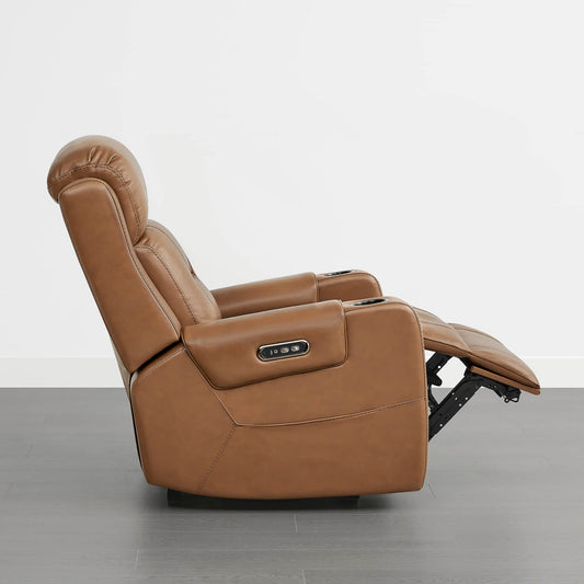 Leather Power Recliner with Lay Flat Design and Headrest