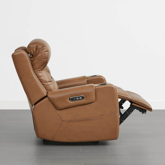 Leather Power Recliner with Lay Flat Design and Headrest