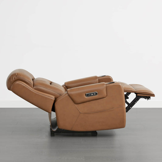 Leather Power Recliner with Lay Flat Design and Headrest