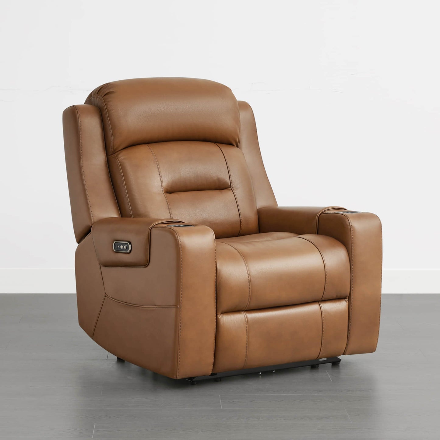 Leather Power Recliner with Lay Flat Design and Headrest