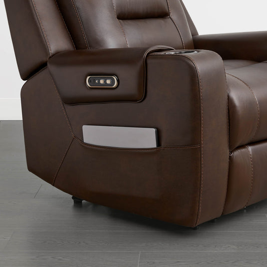 Leather Power Recliner with Lay Flat Design and Headrest