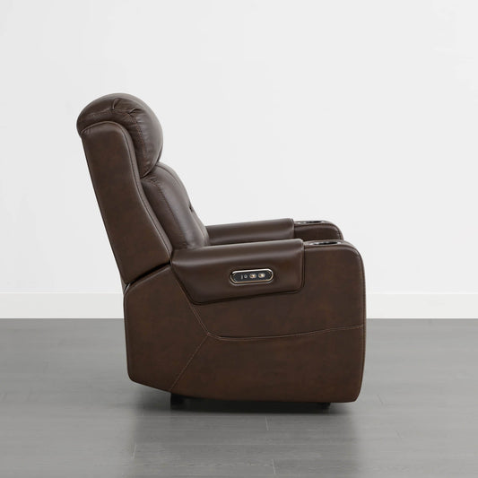 Leather Power Recliner with Lay Flat Design and Headrest
