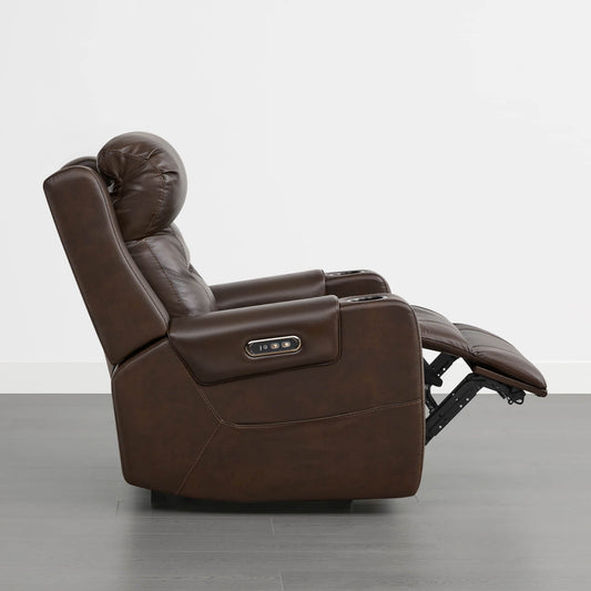 Leather Power Recliner with Lay Flat Design and Headrest