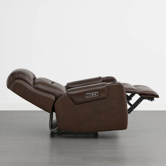 Leather Power Recliner with Lay Flat Design and Headrest