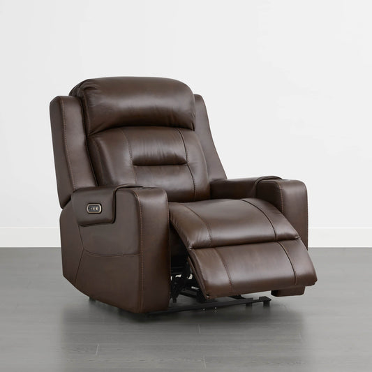 Leather Power Recliner with Lay Flat Design and Headrest
