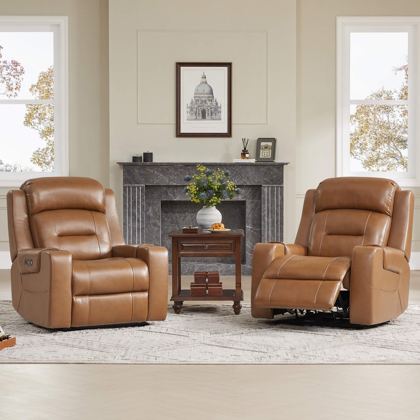 Leather Power Recliner with Lay Flat Design and Headrest