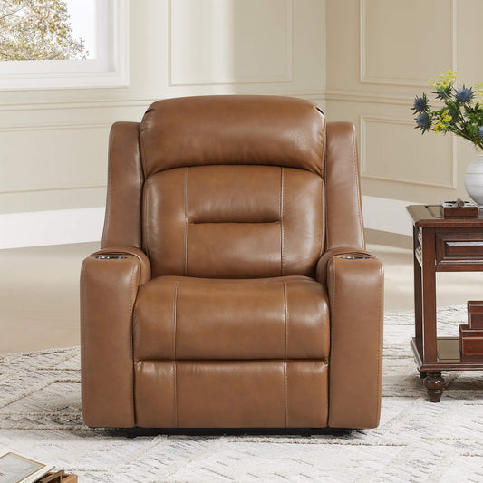Leather Power Recliner with Lay Flat Design and Headrest
