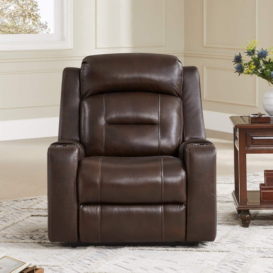 Leather Power Recliner with Lay Flat Design and Headrest