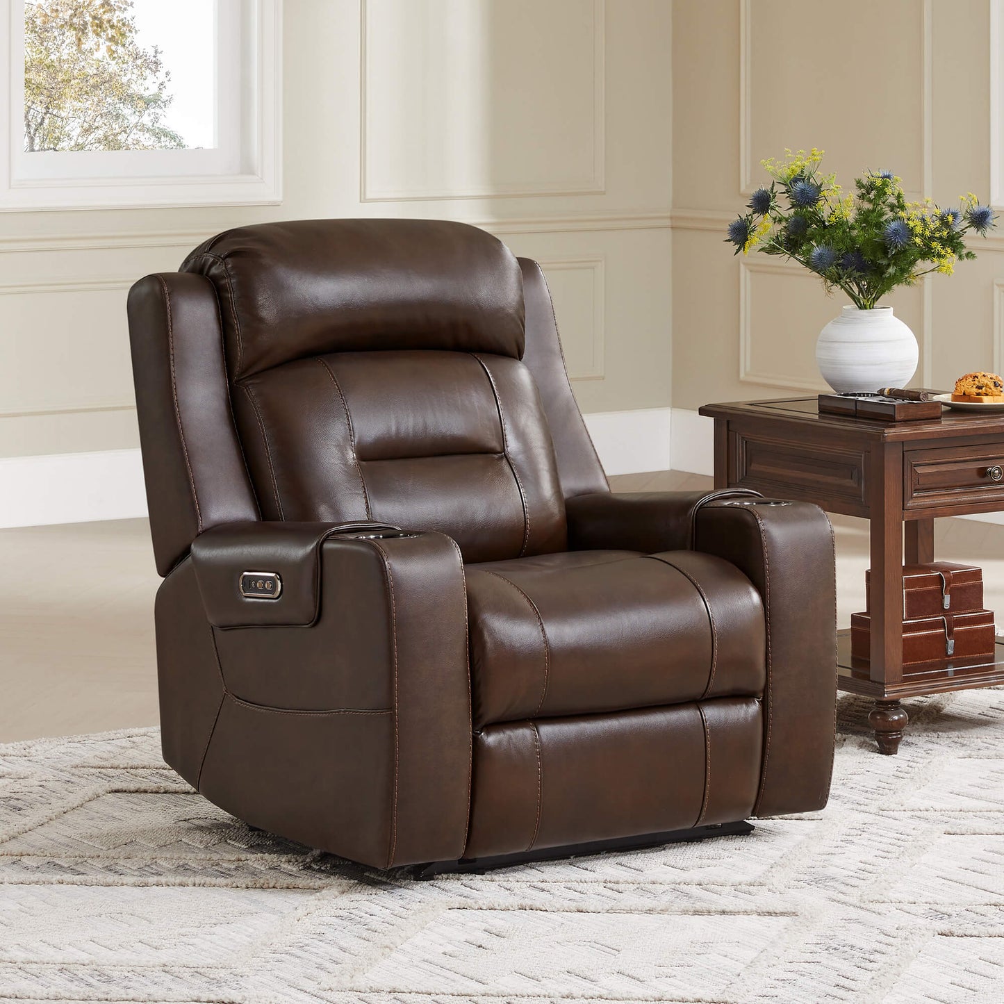 Leather Power Recliner with Lay Flat Design and Headrest