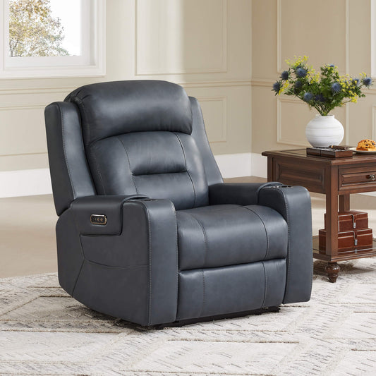 Leather Power Recliner with Lay Flat Design and Headrest