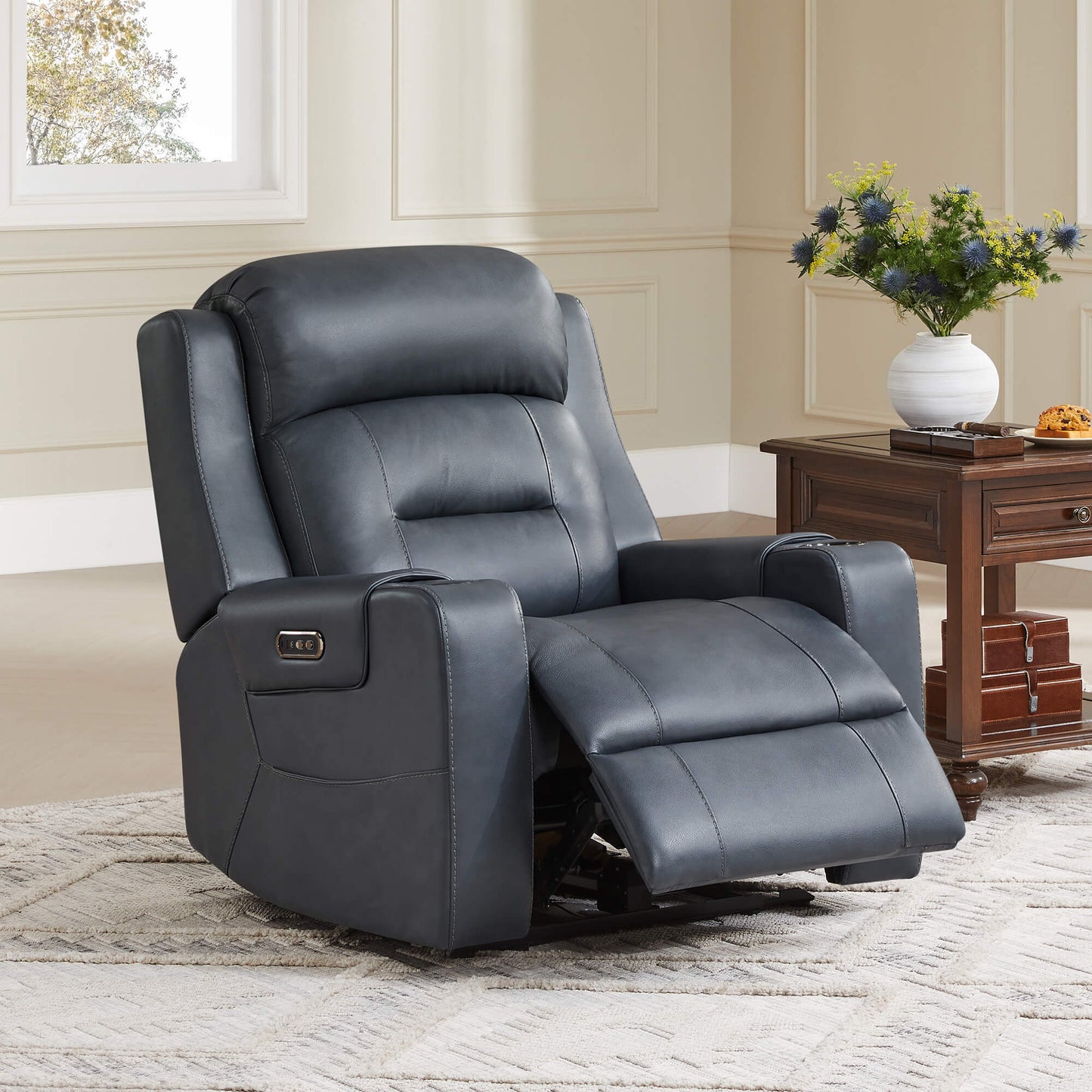 Leather Power Recliner with Lay Flat Design and Headrest