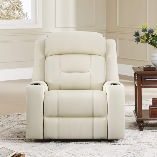 Leather Power Recliner with Lay Flat Design and Headrest