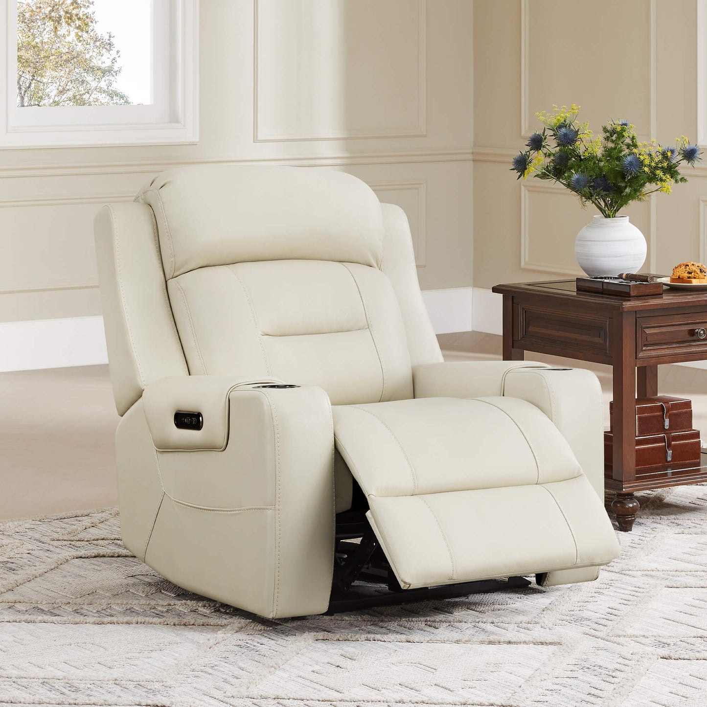 Leather Power Recliner with Lay Flat Design and Headrest