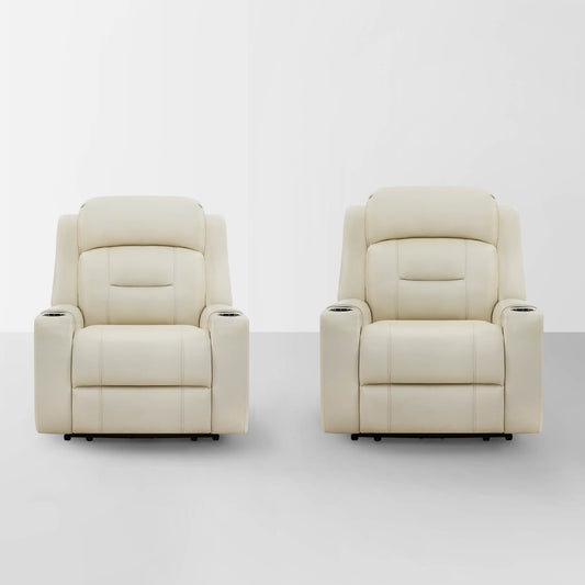 Leather Power Recliner with Lay Flat Design and Headrest