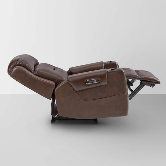 Leather Power Recliner with Lay Flat Design and Headrest