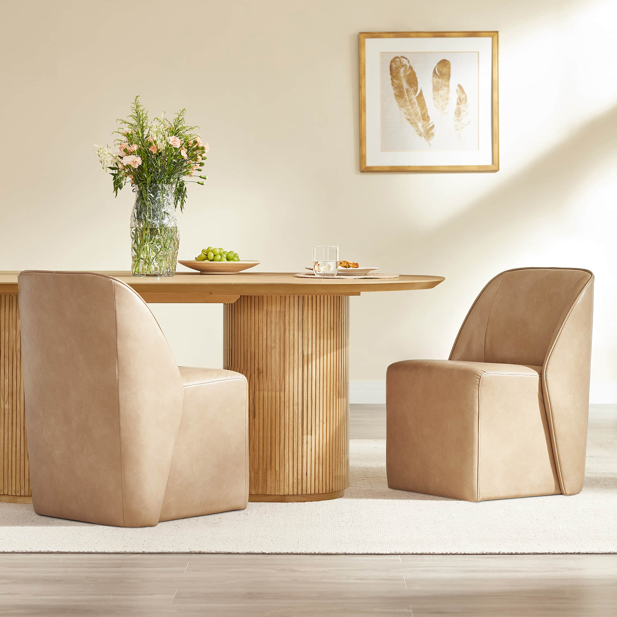 Leather Rolling Dining Chair Set with Caster Base