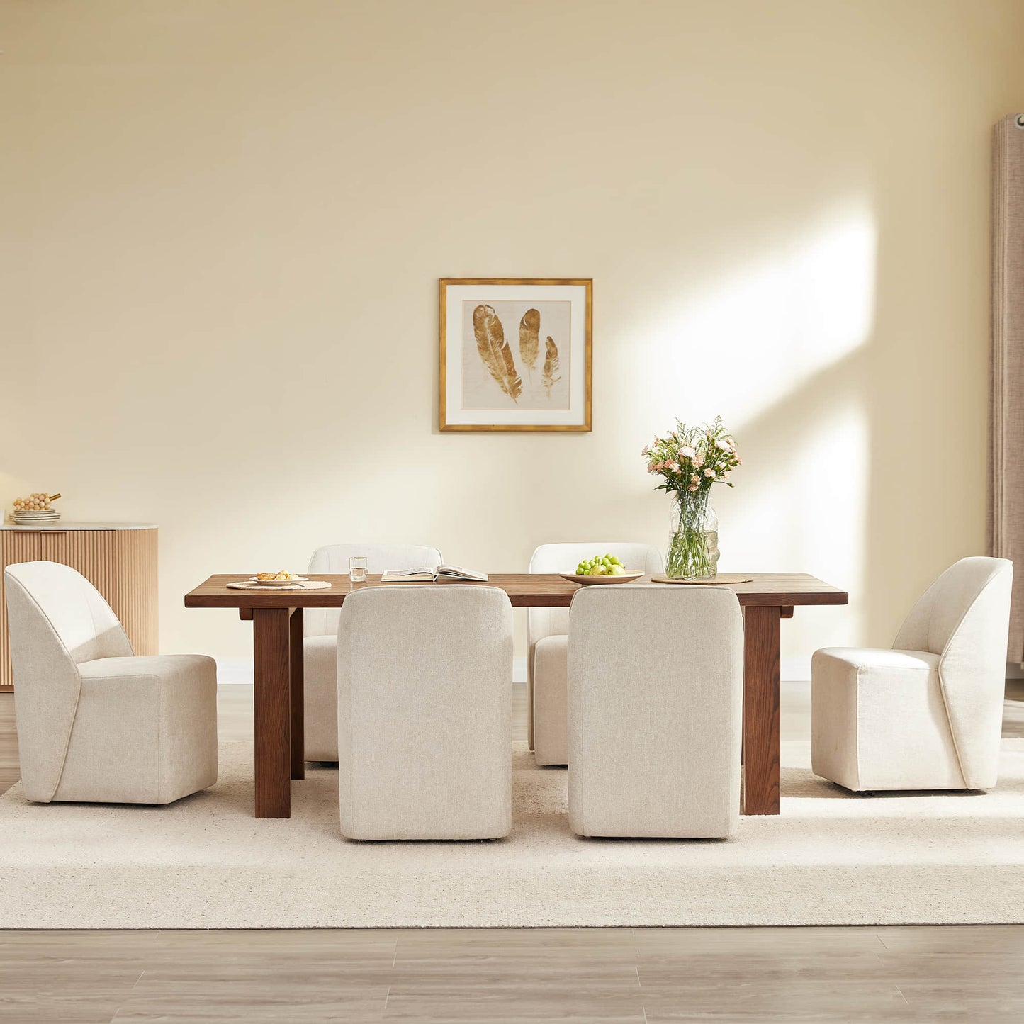 Leather Rolling Dining Chair Set with Caster Base