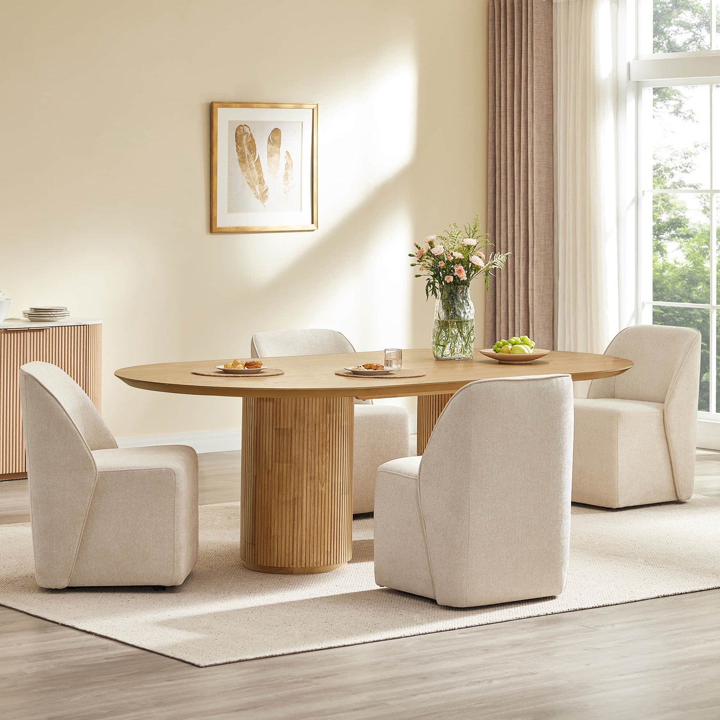 Leather Rolling Dining Chair Set with Caster Base