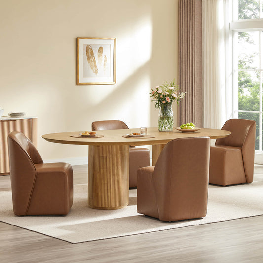 Leather Rolling Dining Chair Set with Caster Base