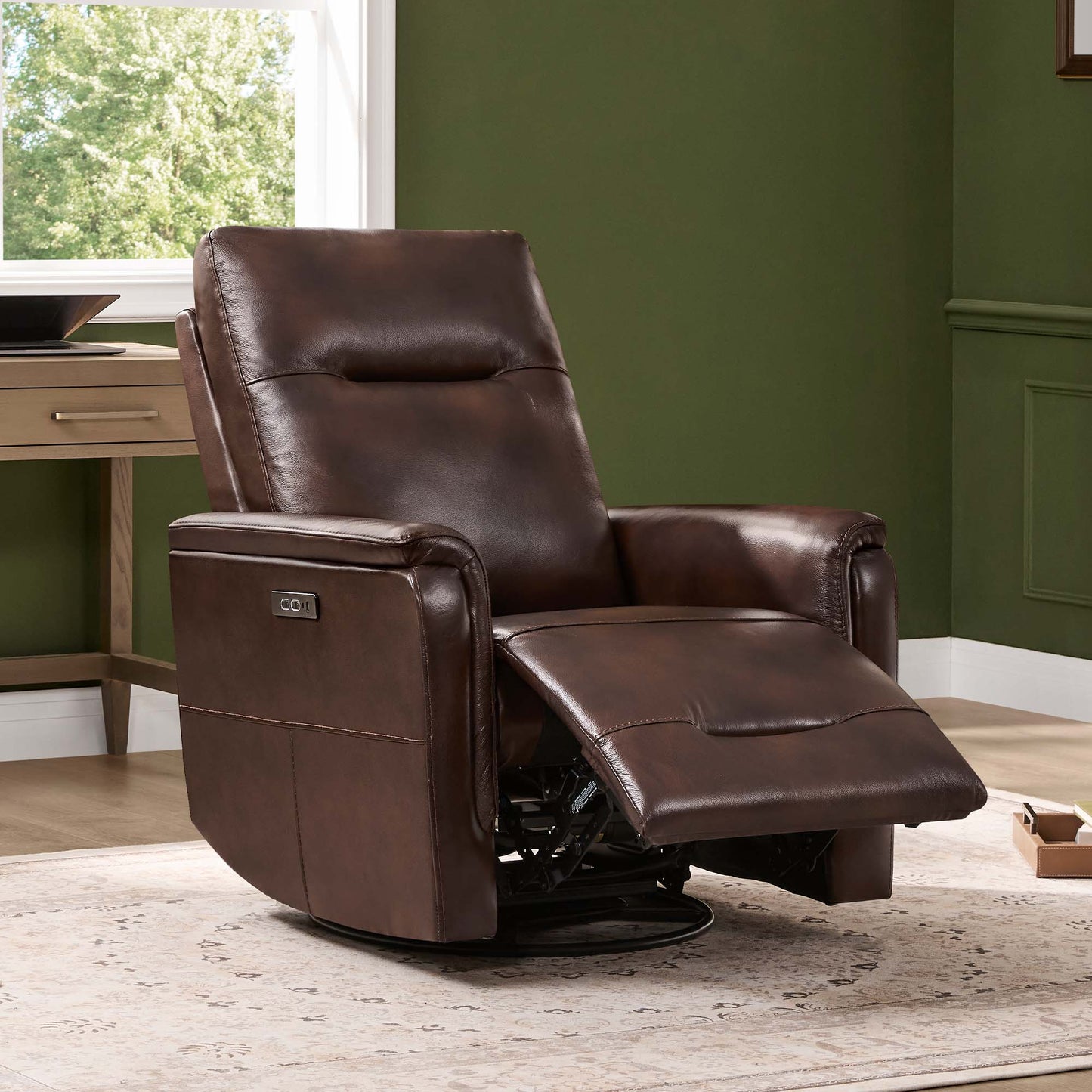 Leather Swivel Glider Recliner with Power Headrest