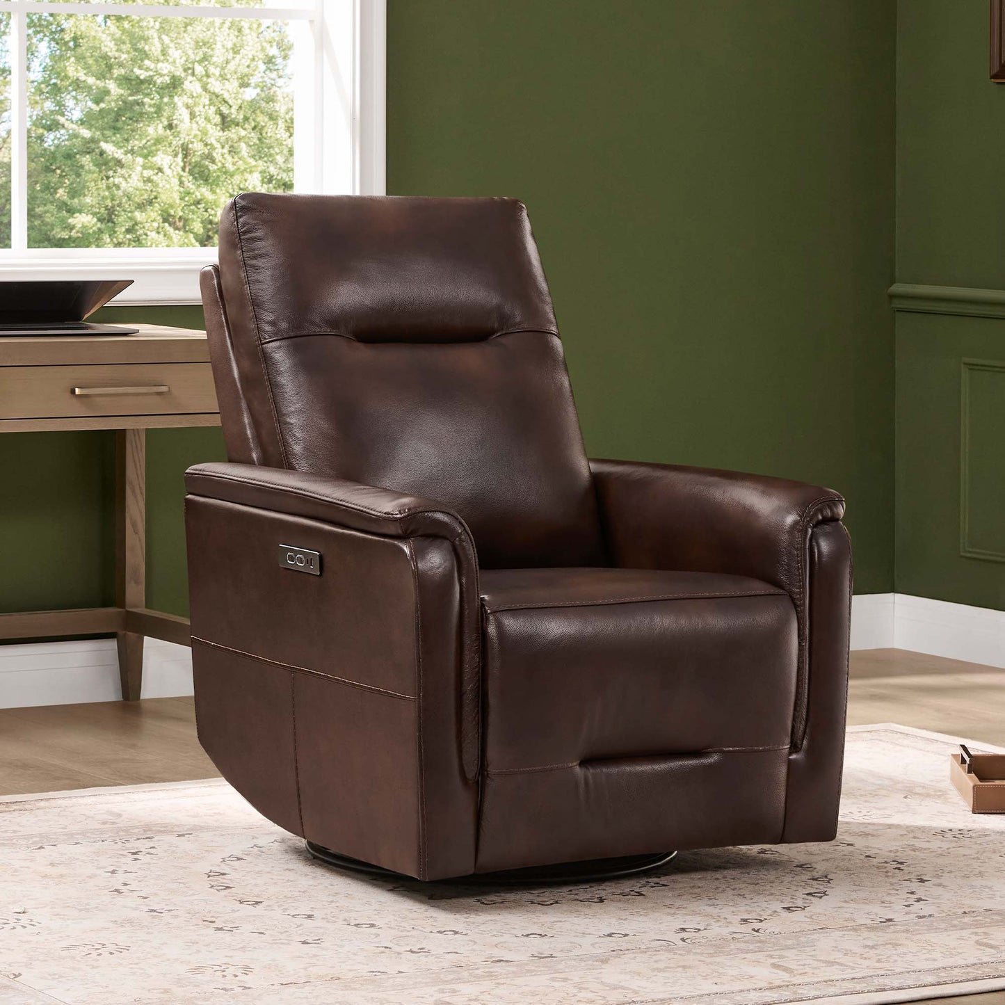 Leather Swivel Glider Recliner with Power Headrest