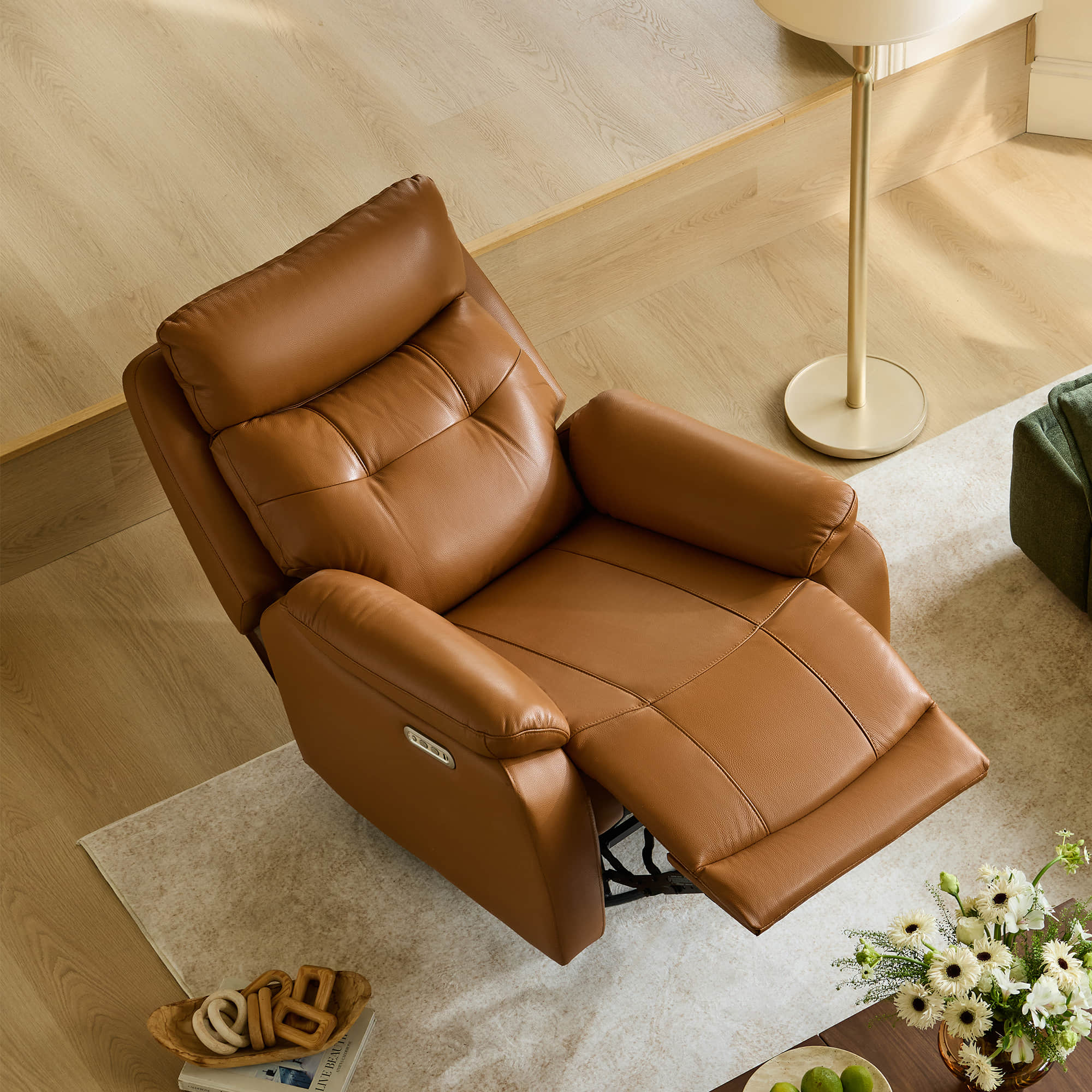 Leather Swivel Glider Recliner with Power Headrest