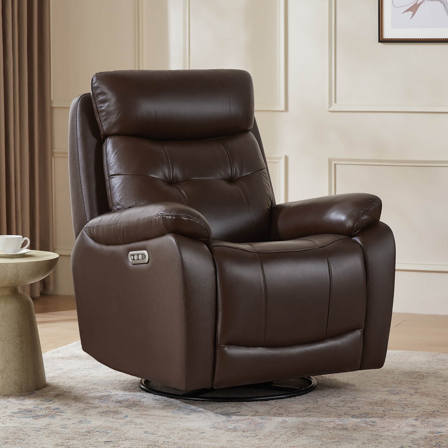 Leather Swivel Glider Recliner with Power Headrest