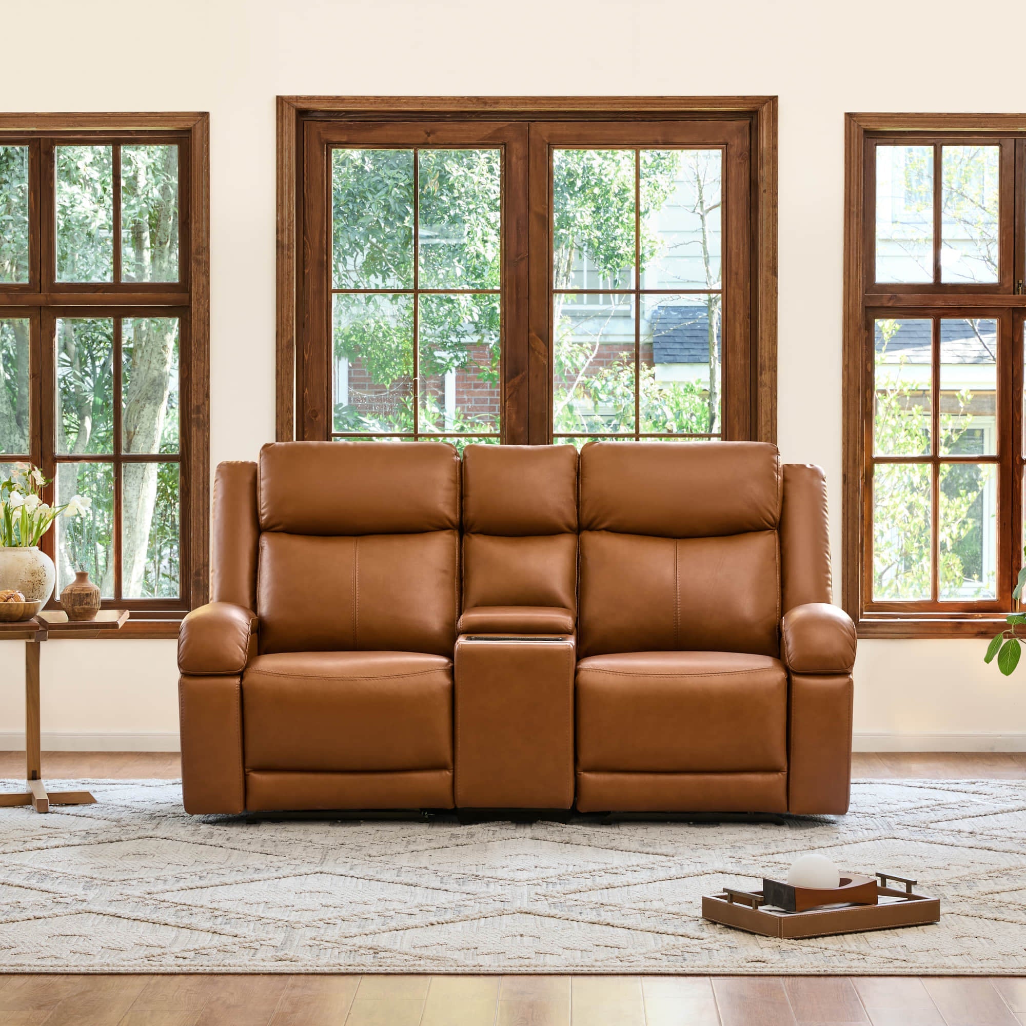 Leather Wall Hugger Power Reclining Sofa with Adjustable Headrest