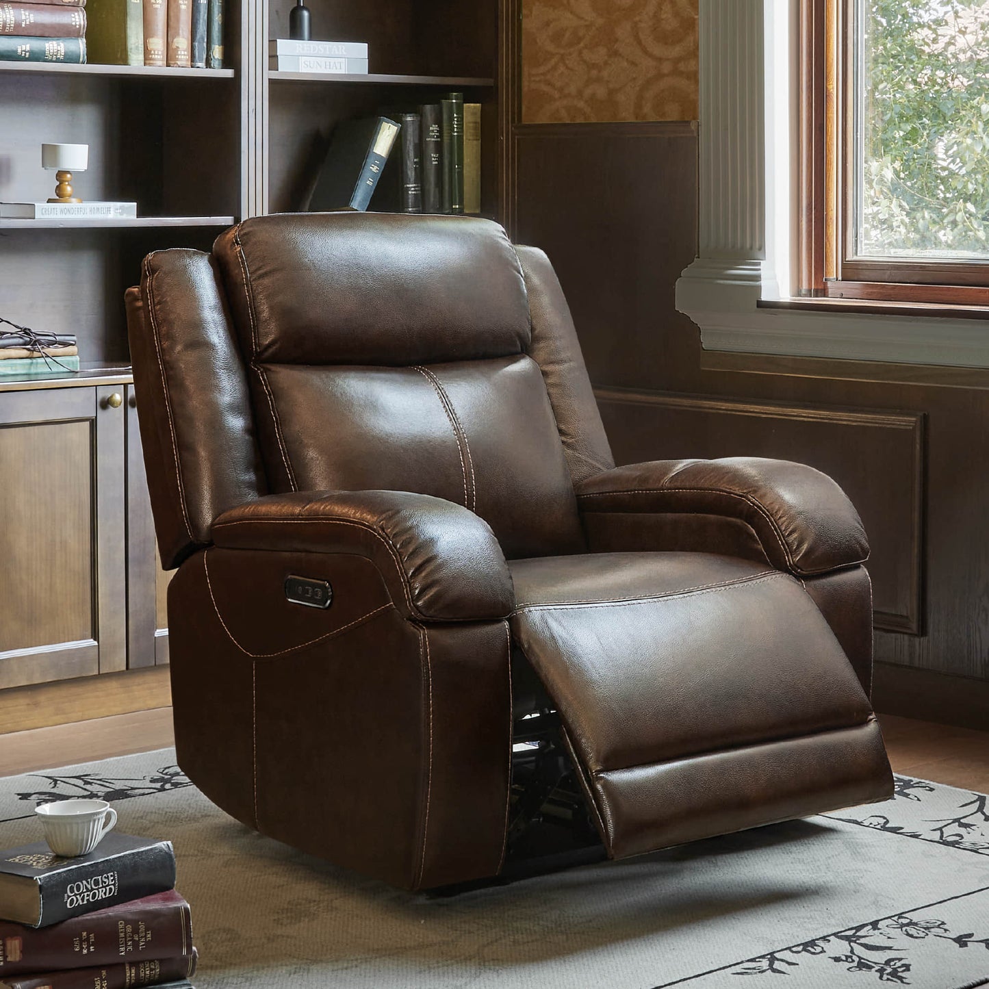 Leather Wall Hugger Recliner with Adjustable Power Headrest