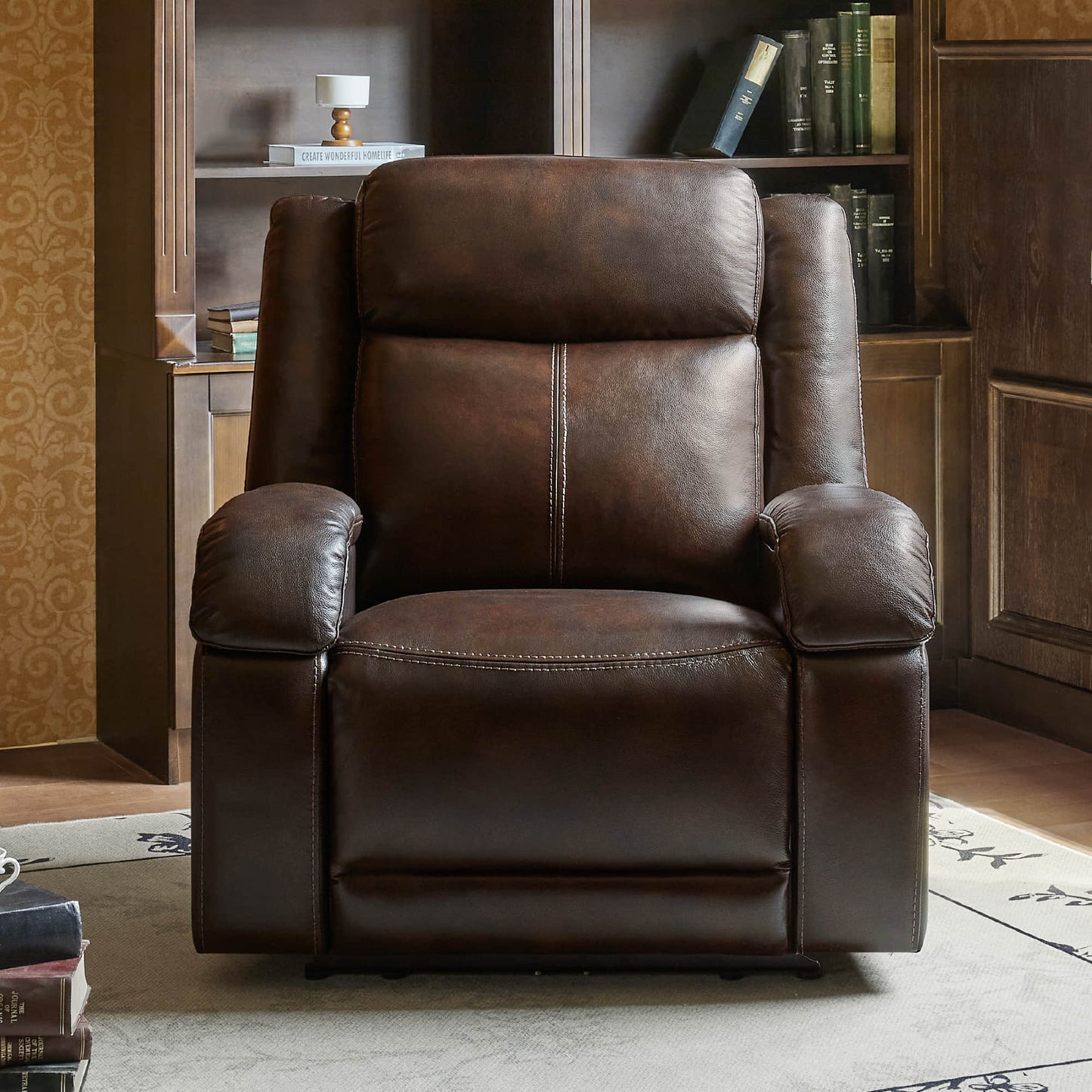 Leather Wall Hugger Recliner with Adjustable Power Headrest