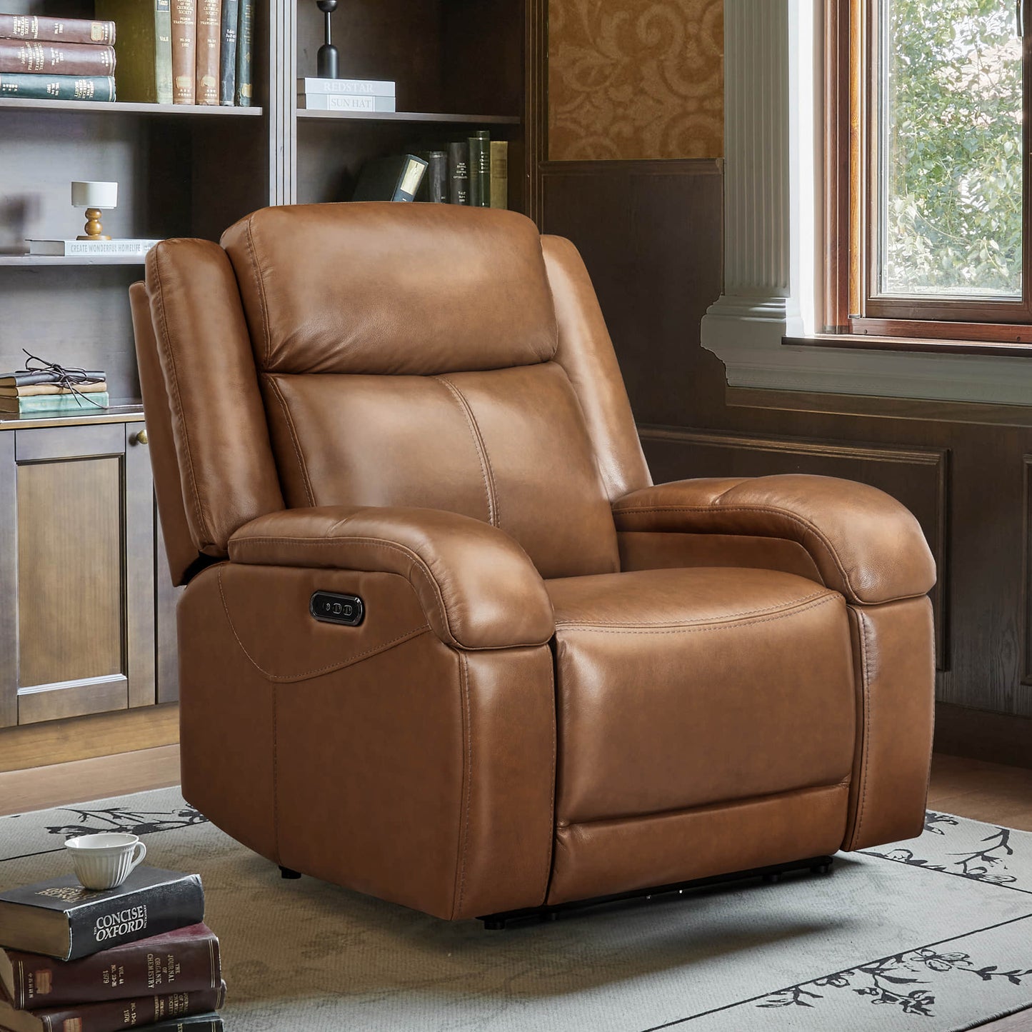 Leather Wall Hugger Recliner with Adjustable Power Headrest