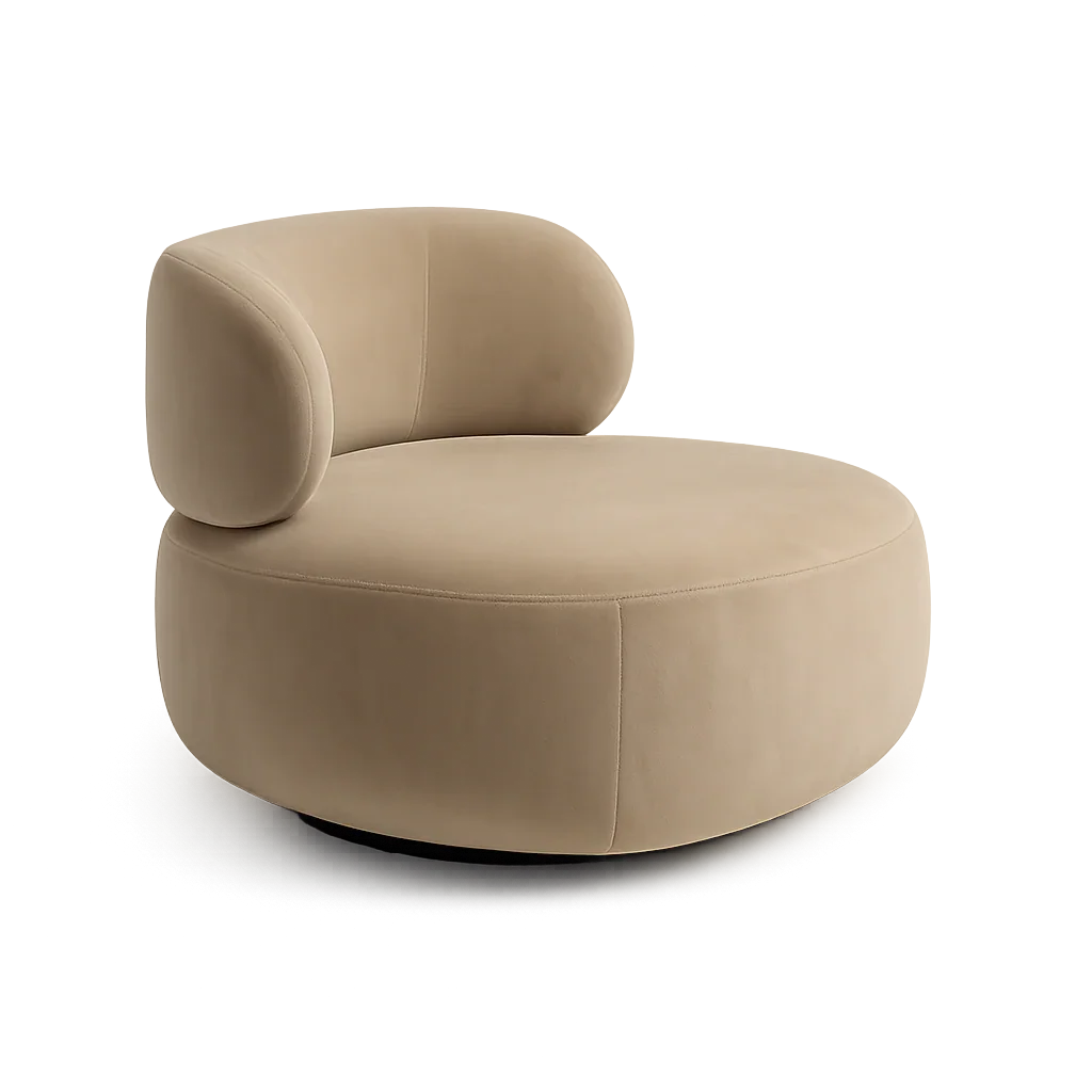 Swivel Lounge Chair in Beige Velvet with Curved Design