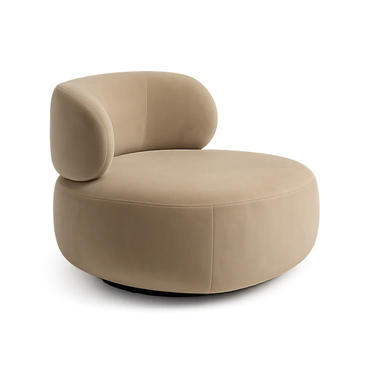 Swivel Lounge Chair in Beige Velvet with Curved Design