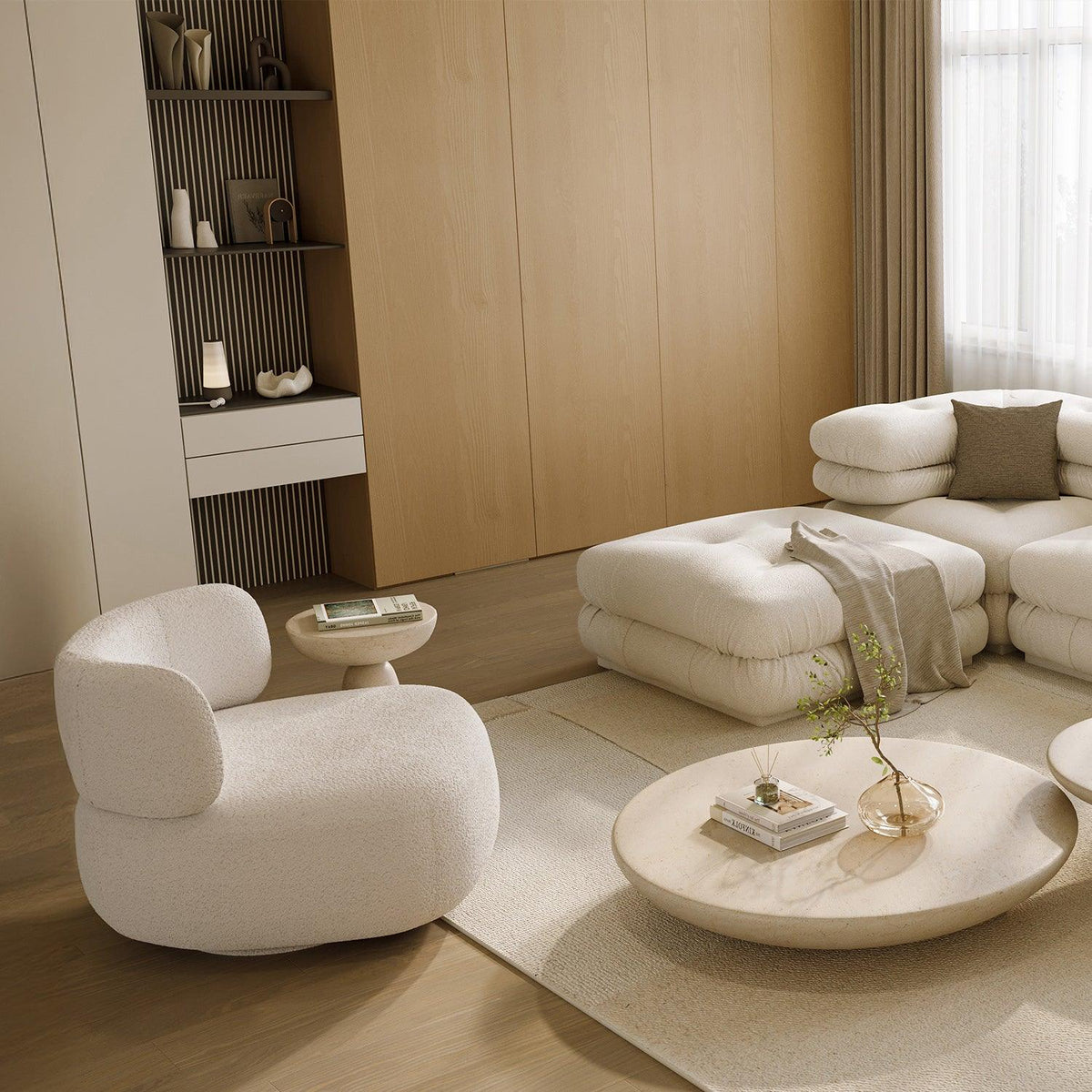 Swivel Lounge Chair in White Boucle with Curved Back